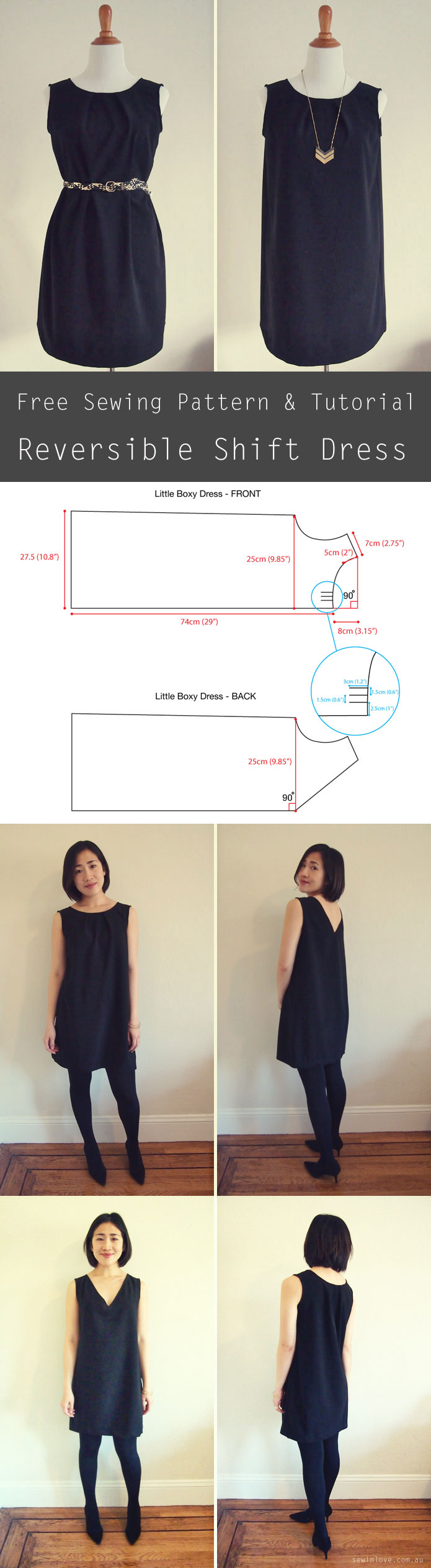 Free Sewing Pattern: Reversible V-neck and Crewneck Shift Dress - Sew