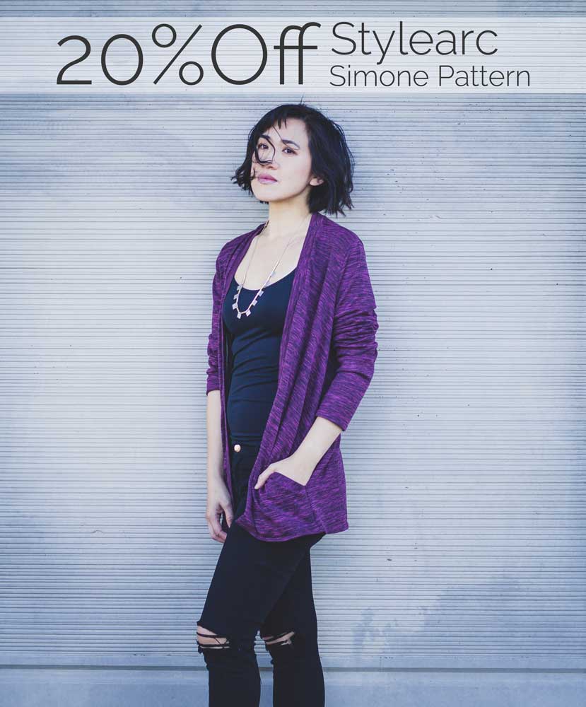 Stylearc Simone Cardigan Review - This open front cardigan sewing pattern is very easy and comes together very quickly! The built in pockets add a designer touch. Go to my blog to get 20% off this sewing pattern!