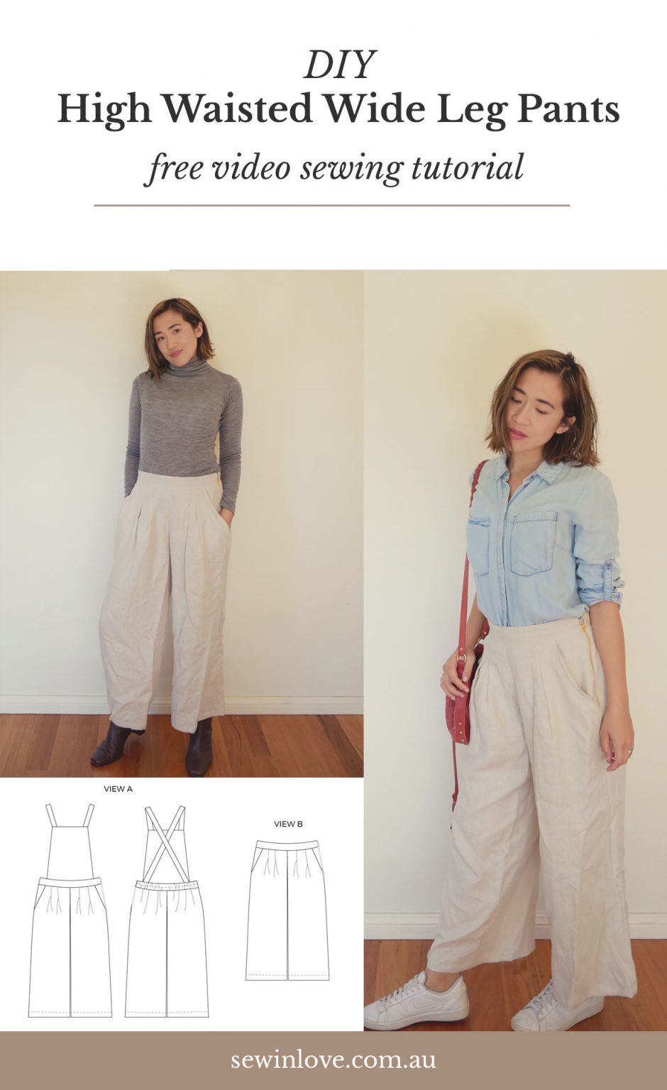 High Waisted Wide Leg Pants Sewing Pattern Hack with Yoko Overalls
