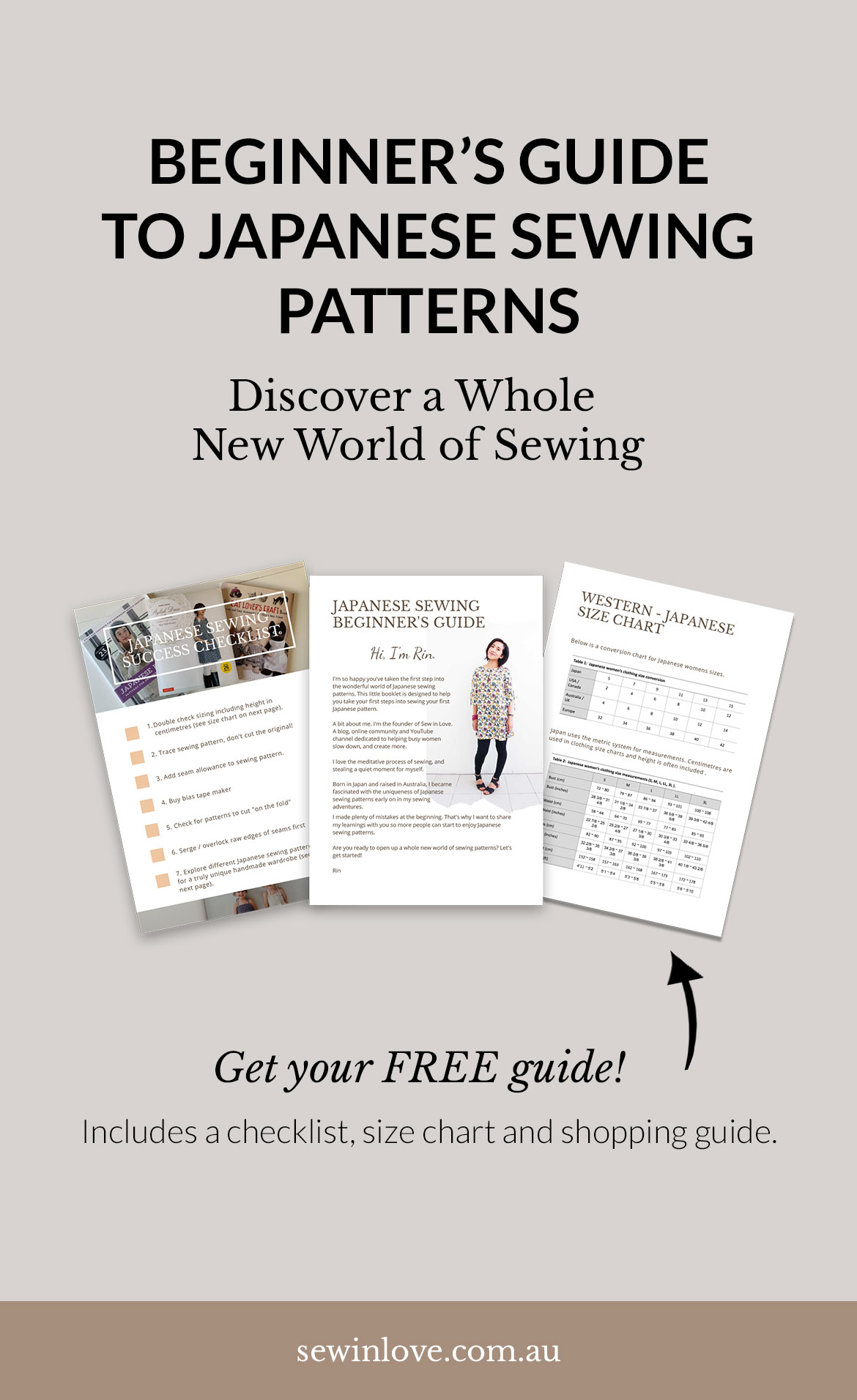 Free Japanese Sewing Patterns Beginner's Guide - Curious but confused about sewing Japanese patterns? Get the free guide to help you avoid costly mistakes. It includes a checklist, shopping guide and a size conversion chart. Get the guide at https://www.sewinlove.com.au/2019/09/03/mistakes-beginners-japanese-sewing-patterns/